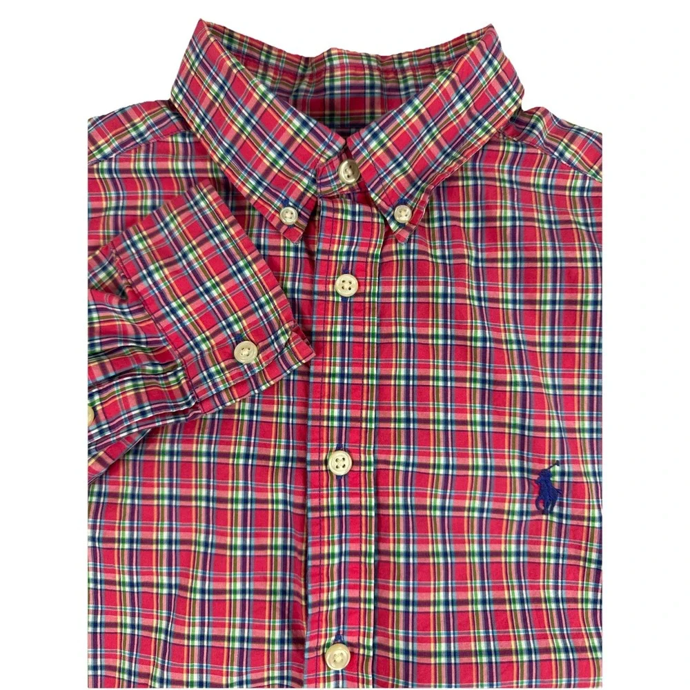 Ralph Lauren Boys Red Pink Multi Color Plaid‎ Cotton Button Down Shirt Size L